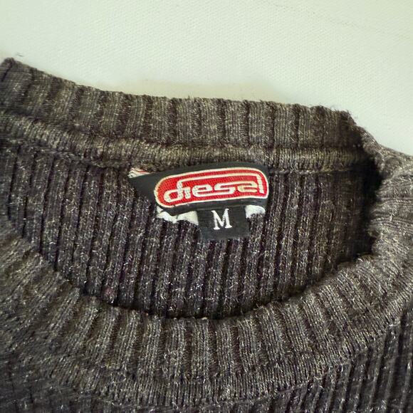 90s Vintage DIESEL Brown and Orange Chest Stripe Crew Neck Ribbed Sweater Medium - Picture 5 of 8